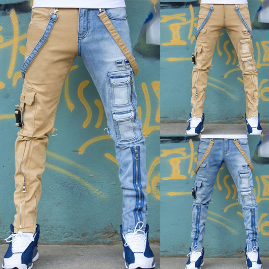 Color Block Wash Jeans Men's Trendy Brand Slim Straight-leg Pants