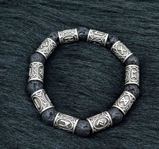 Volcanic Lava Stone Viking Rune Bracelet